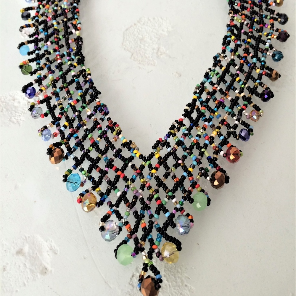 Czech Glass Bead Black Multi-Color "V" NECKLACE - Picture 2 of 3